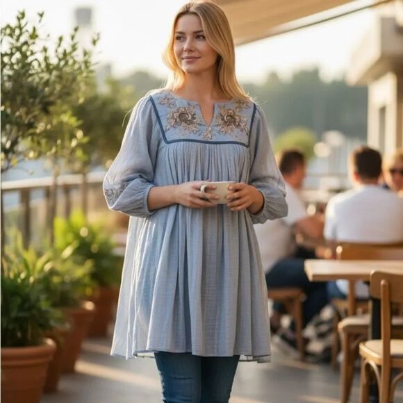 Cost Plus World Market Dresses & Skirts - ✨ World Market Denim Blue Striped Embroidered Tunic✨
